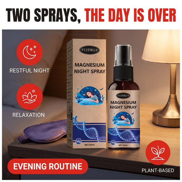 Troveze Magnesium Calming Body Spray: Hero shot bottle beside sleep mask and lamp