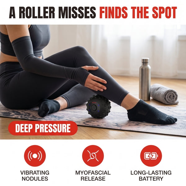 Troveze Mini Vibrating Massage Ball: Hero shot massage ball in recovery setting