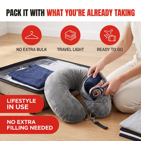 Troveze Stuffable Travel Pillow: Hero shot person packing open suitcase