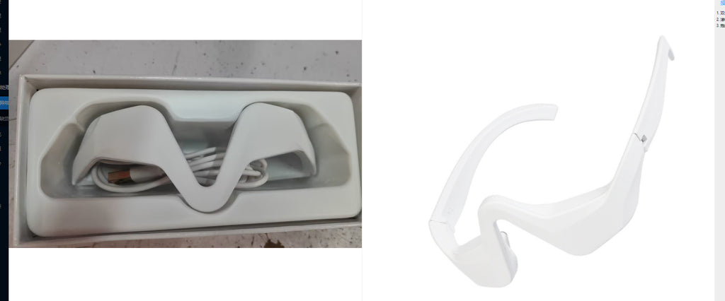 Troveze Under-Eye Fatigue Relief Light Therapy Glasses: unit and charging cable in retail packaging beside a product photo of the frame