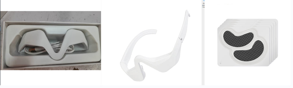 Troveze Under-Eye Fatigue Relief Light Therapy Glasses: packaged unit, frame, and stack of gel eye patches