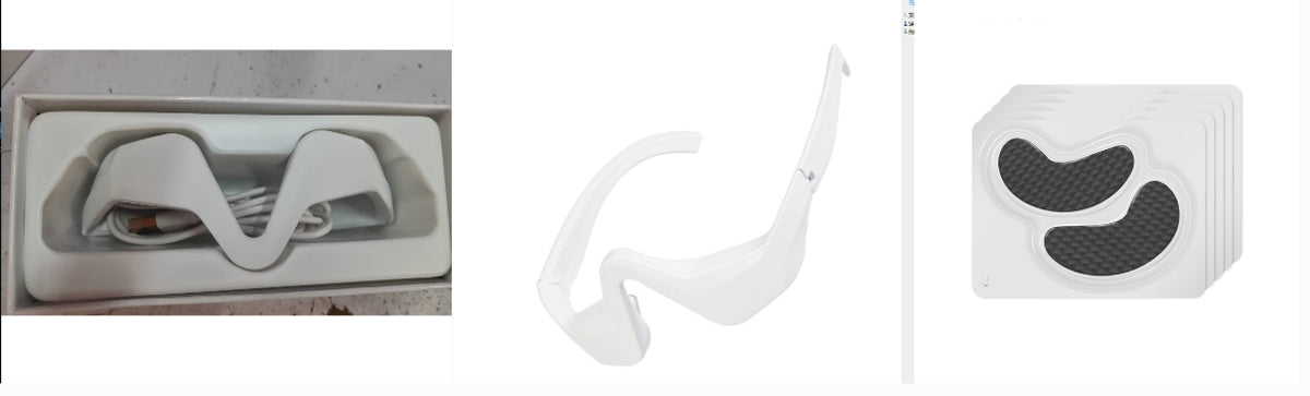 Troveze Under-Eye Fatigue Relief Light Therapy Glasses: packaged unit, frame, and stack of gel eye patches