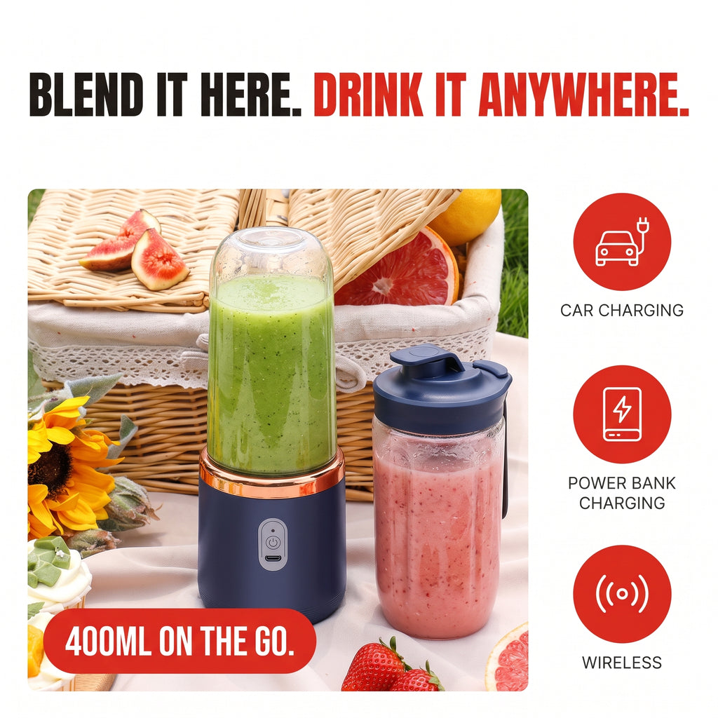 Troveze 6-Blade Portable Blender: Blender and travel cup on picnic blanket