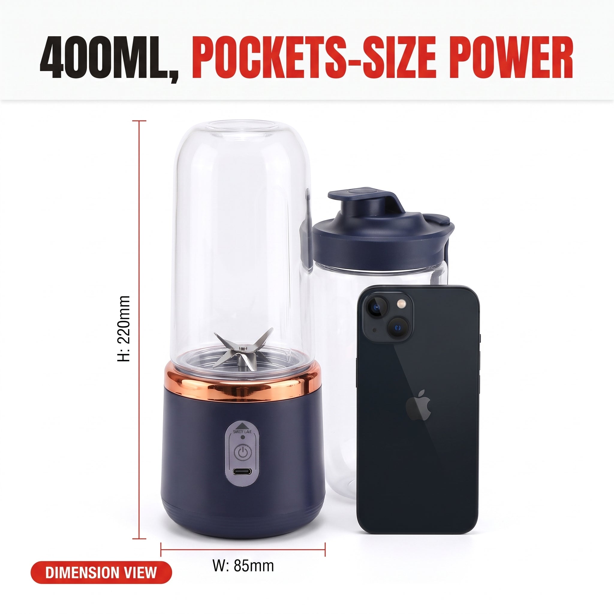 Troveze 6-Blade Portable Blender: Blender unit with smartphone for scale