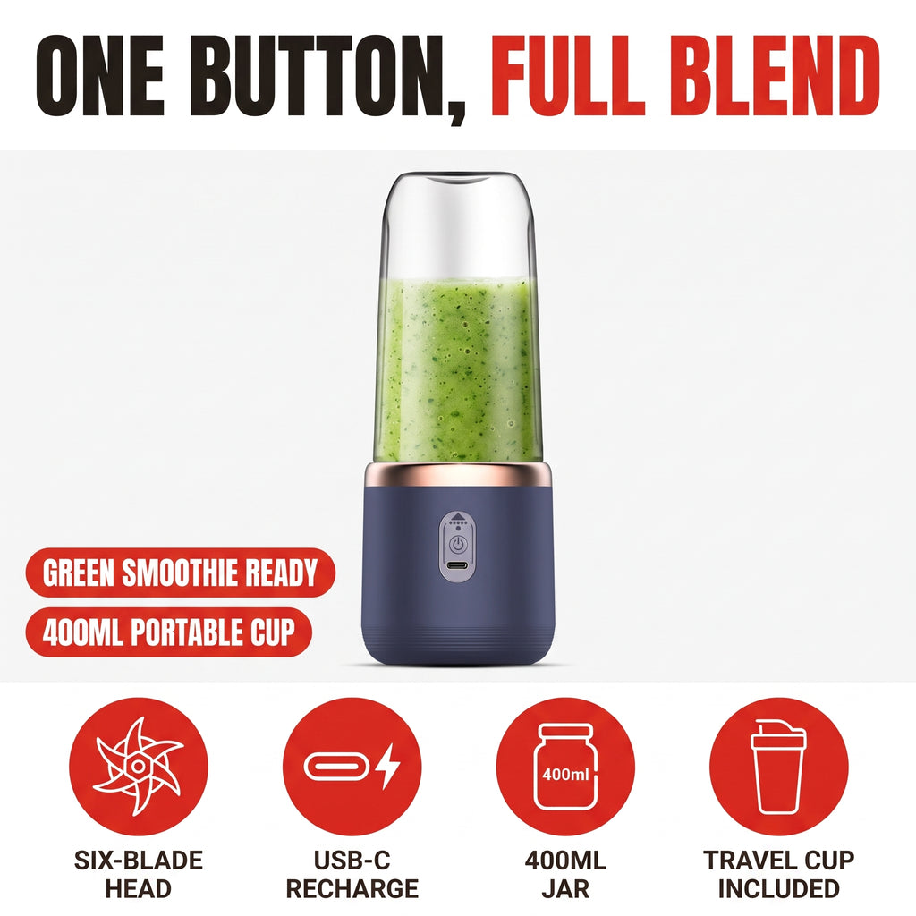 Troveze 6-Blade Portable Blender: feature overview showing six-blade head, USB-C recharge, 400ml jar and travel cup