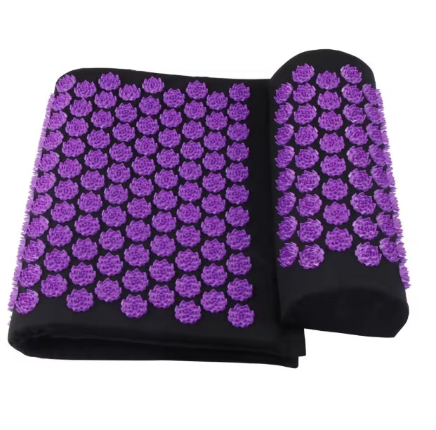 Troveze Acupressure Massage Mat + Pillow Set: purple mat rolled up with its pillow