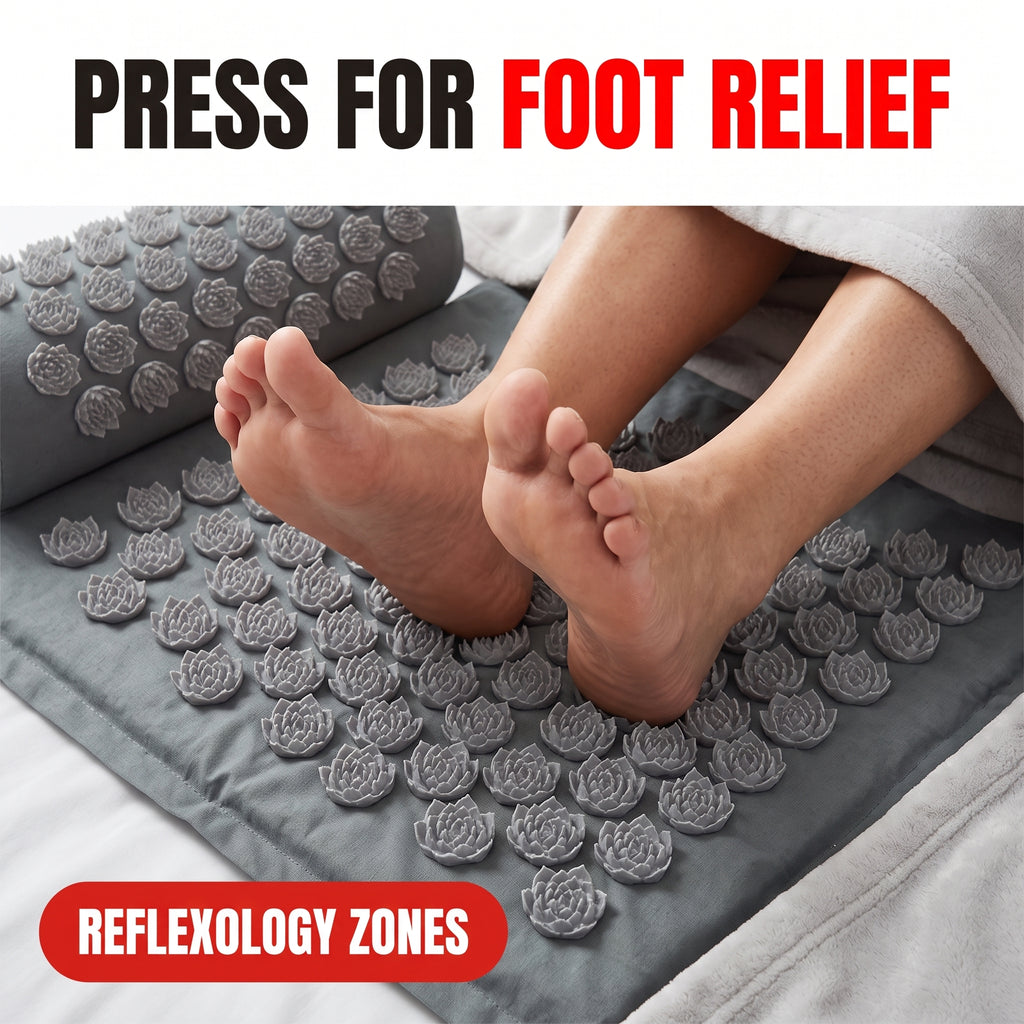 Troveze Acupressure Massage Mat + Pillow Set: Foot resting on acupressure mat