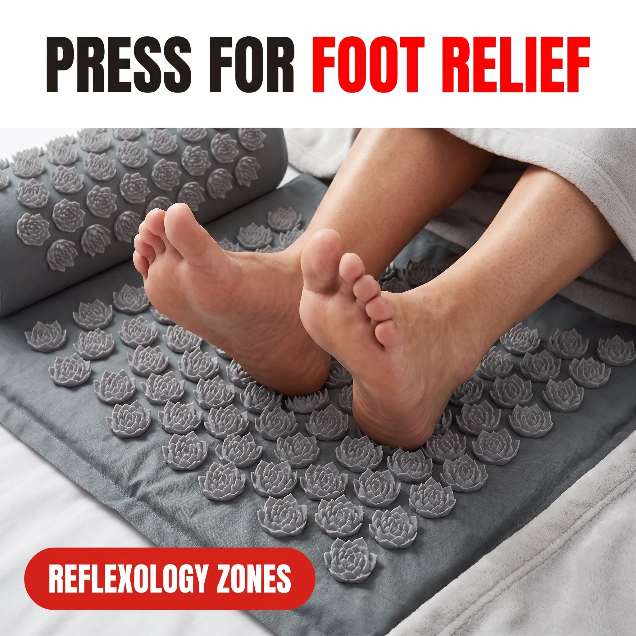 Troveze Acupressure Massage Mat + Pillow Set: Foot resting on acupressure mat