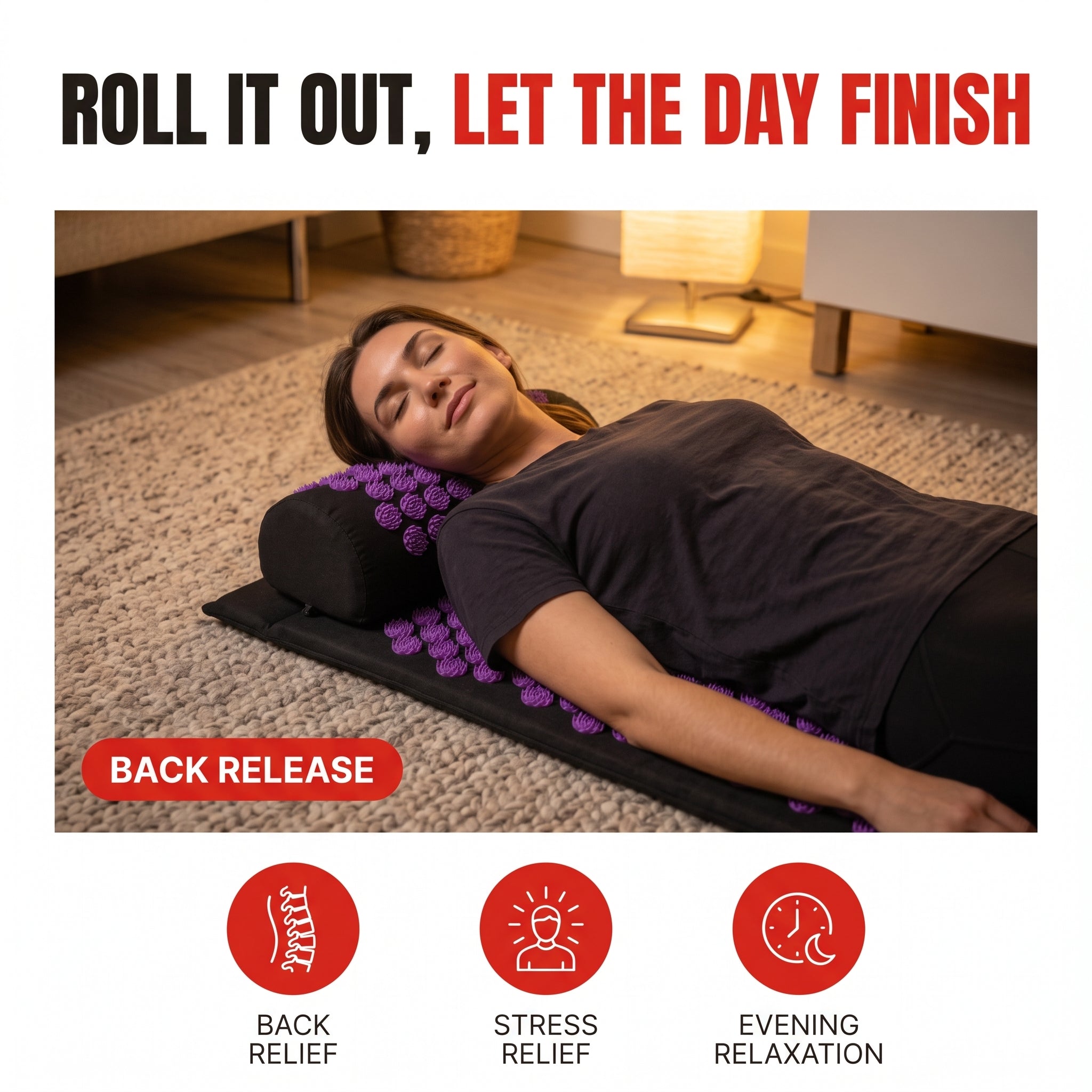 Troveze Acupressure Massage Mat + Pillow Set: Person lying back on acupressure mat