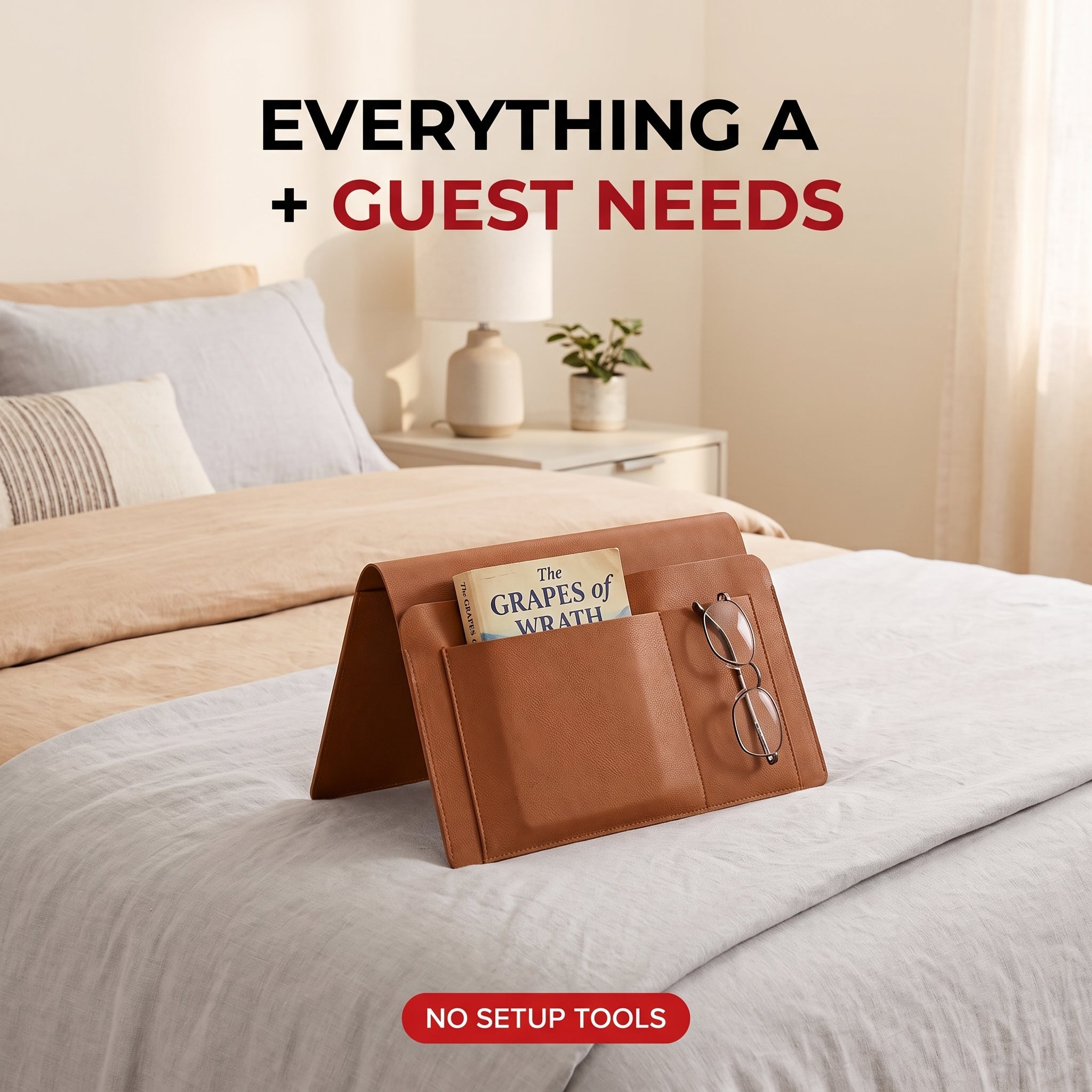 Troveze Bedside Storage Caddy: Caddy in guest room setting