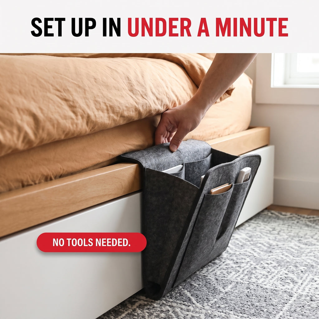 Troveze Bedside Storage Caddy: Hand sliding anchor flap under mattress