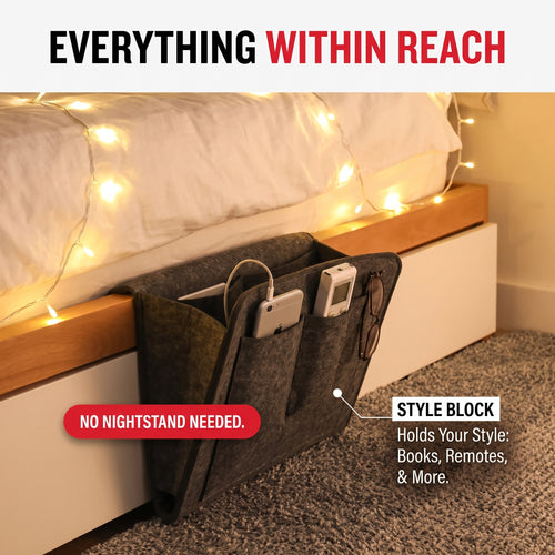 Troveze Bedside Storage Caddy: Hero shot hanging on bed with items inside