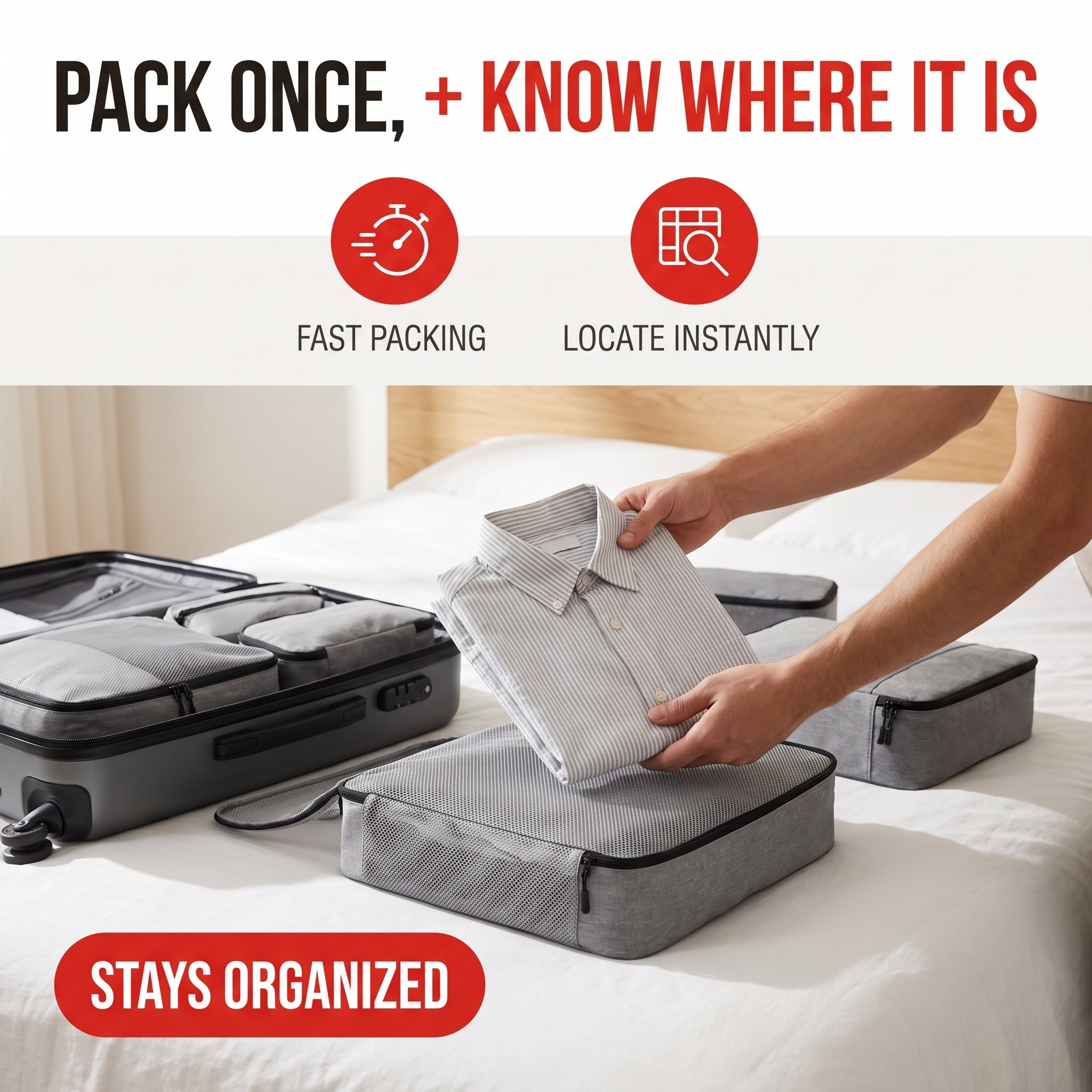 Troveze Foldable Travel Packing Cubes (Set of 6): Hands folding shirt into packing cube