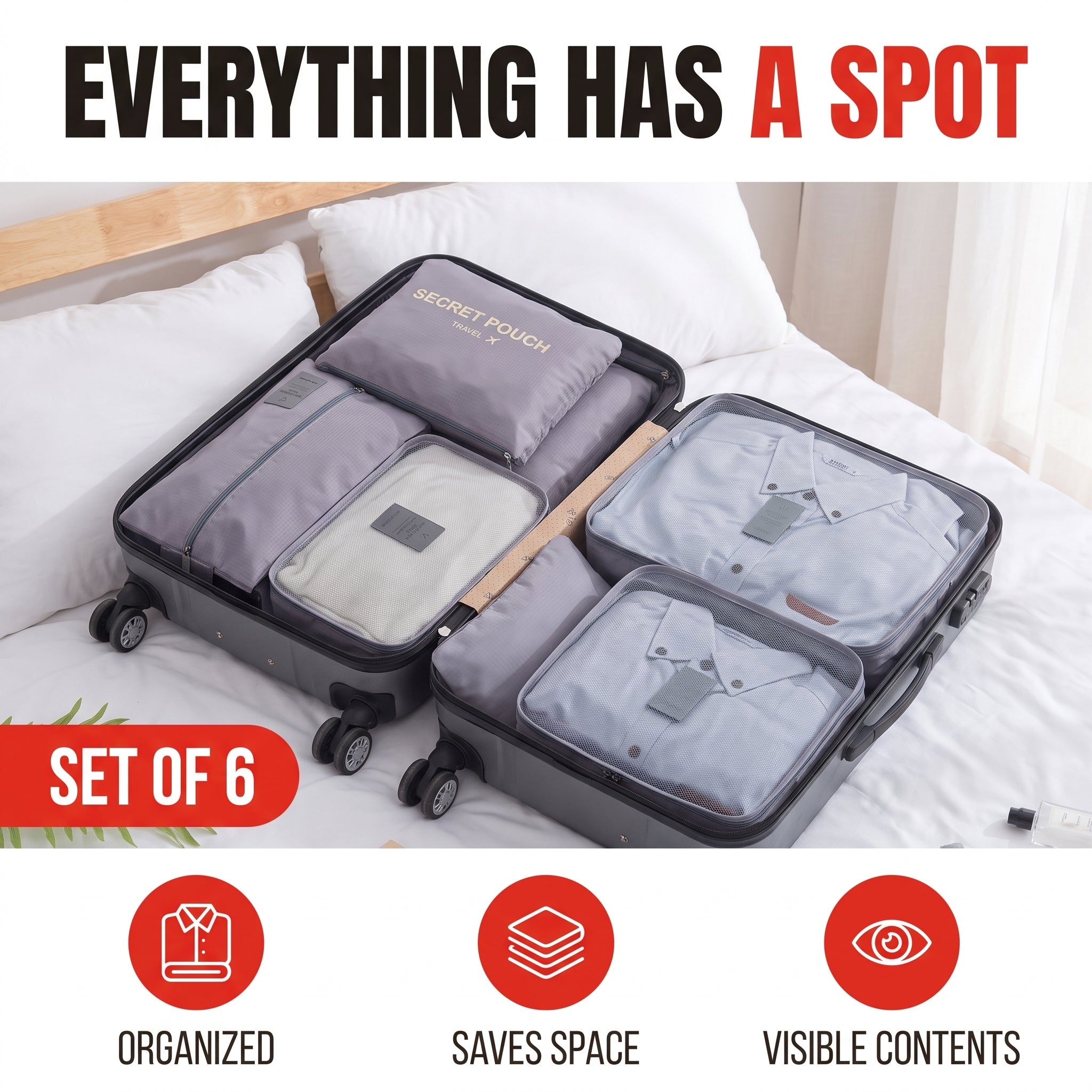 Troveze Foldable Travel Packing Cubes (Set of 6): Hero shot everything has a spot