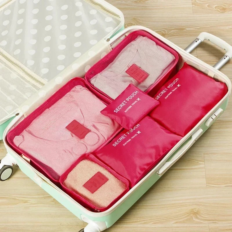 Troveze Foldable Travel Packing Cubes (Set of 6): rose red six-piece set sorted inside a suitcase