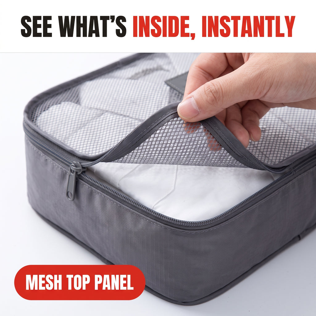 Troveze Foldable Travel Packing Cubes (Set of 6): Mesh zip top open detail