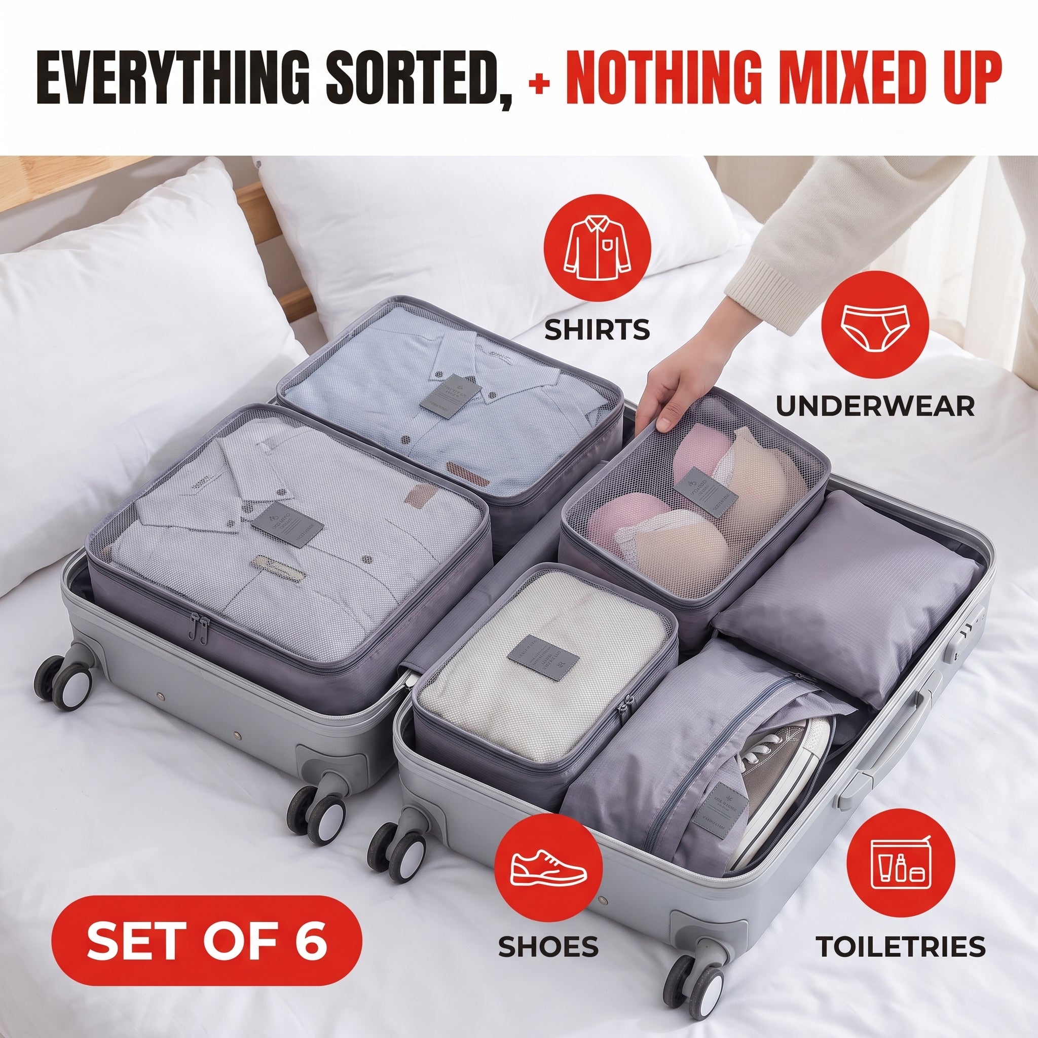 Troveze Foldable Travel Packing Cubes (Set of 6): Suitcase packed with sorted cubes