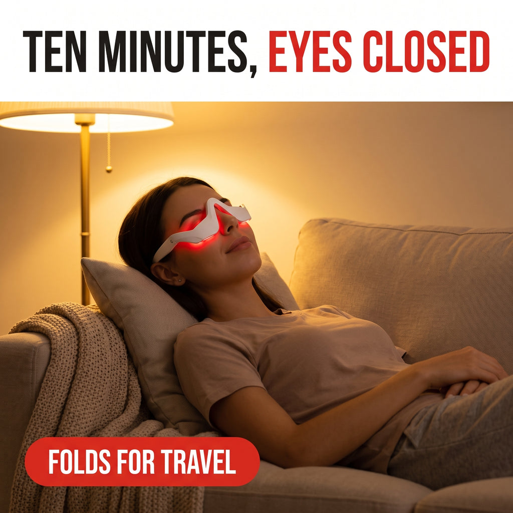 Troveze Heated Compression Eye Massager: Person reclined on couch wearing massager