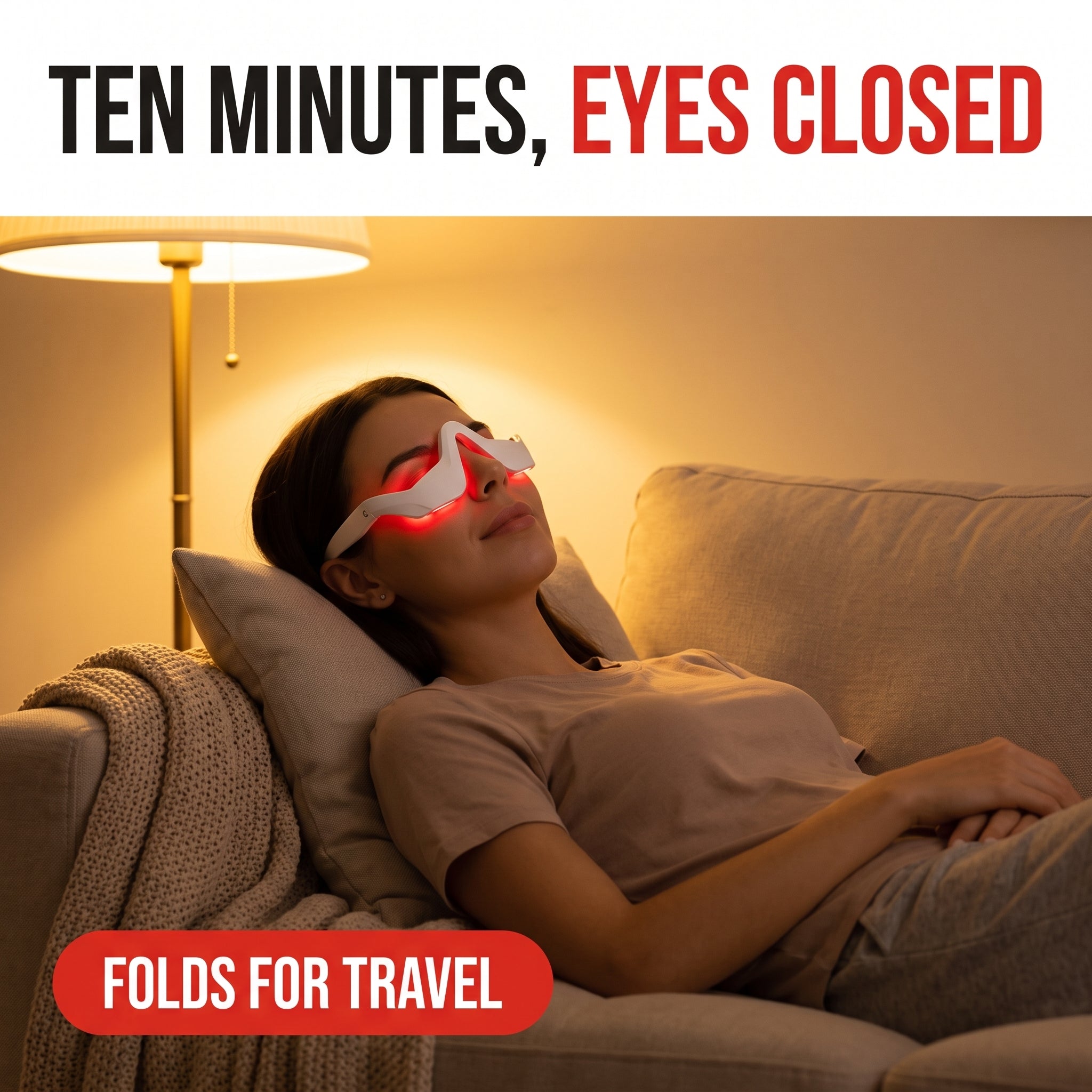 Troveze Heated Compression Eye Massager: Person reclined on couch wearing massager