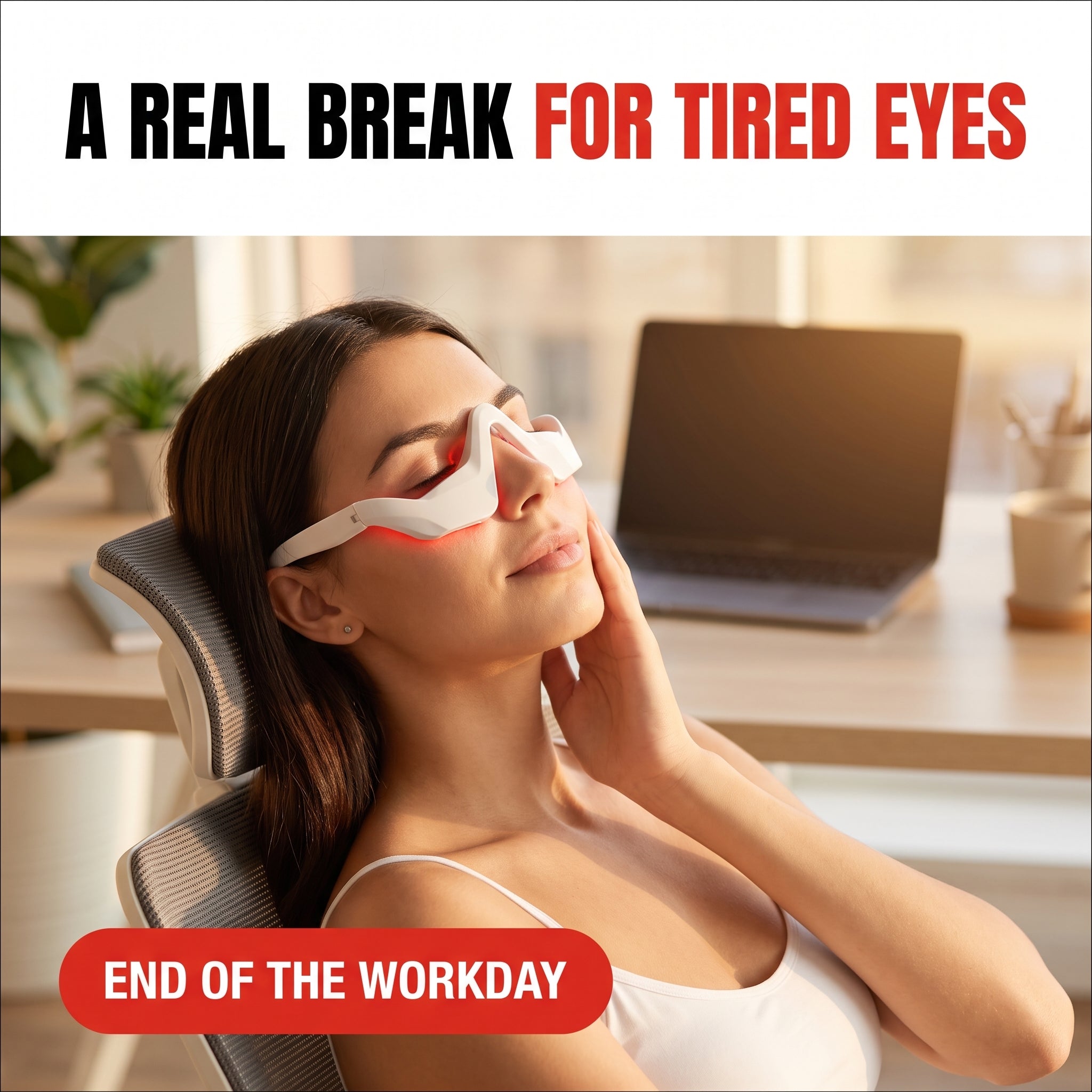 Troveze Heated Compression Eye Massager: Person relaxing in office chair wearing massager
