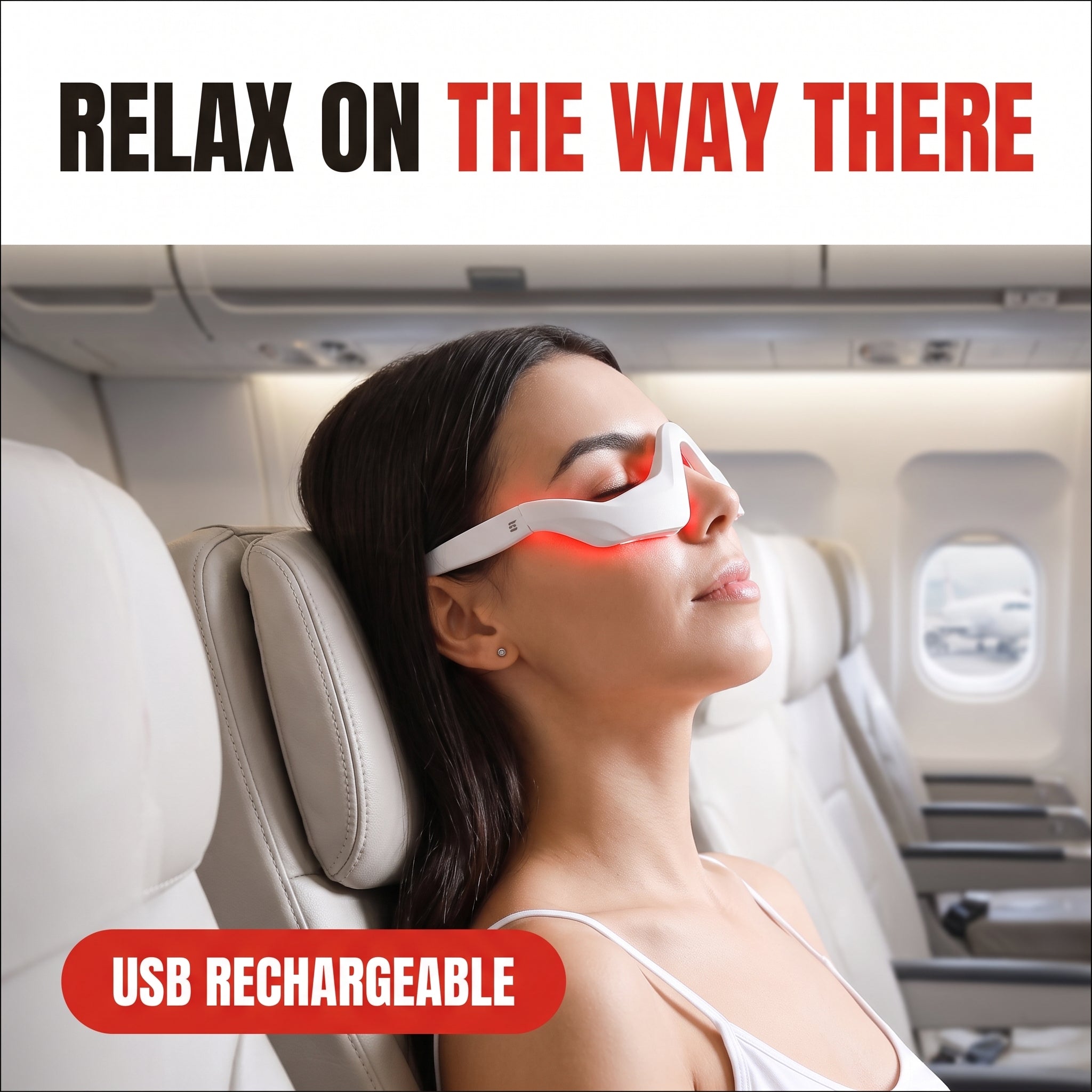 Troveze Heated Compression Eye Massager: Traveler wearing massager on a flight