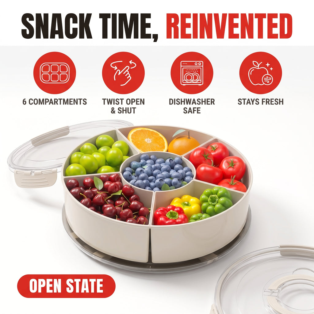 Troveze Lotus Rotating Snack Tray: Lifestyle shot snack time alternate angle
