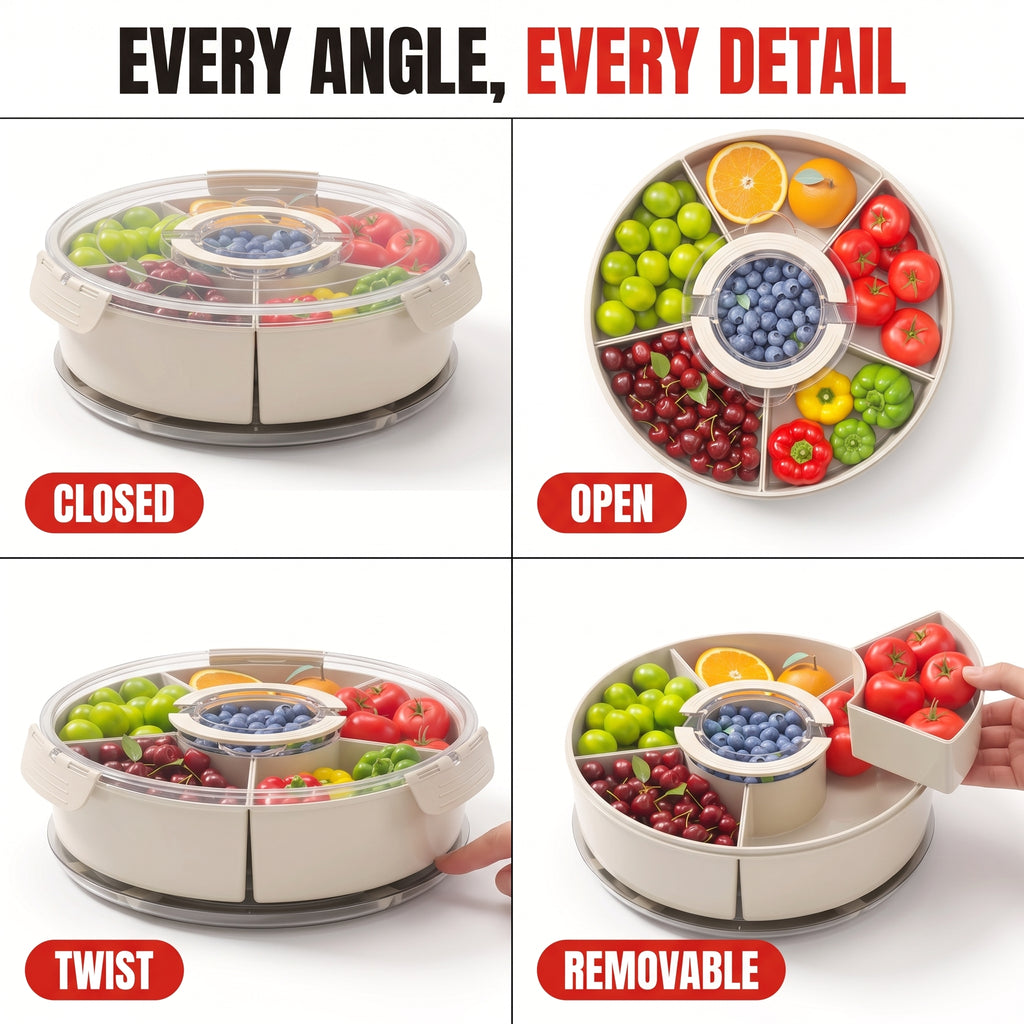 Troveze Lotus Rotating Snack Tray: Multi angle product shots on white