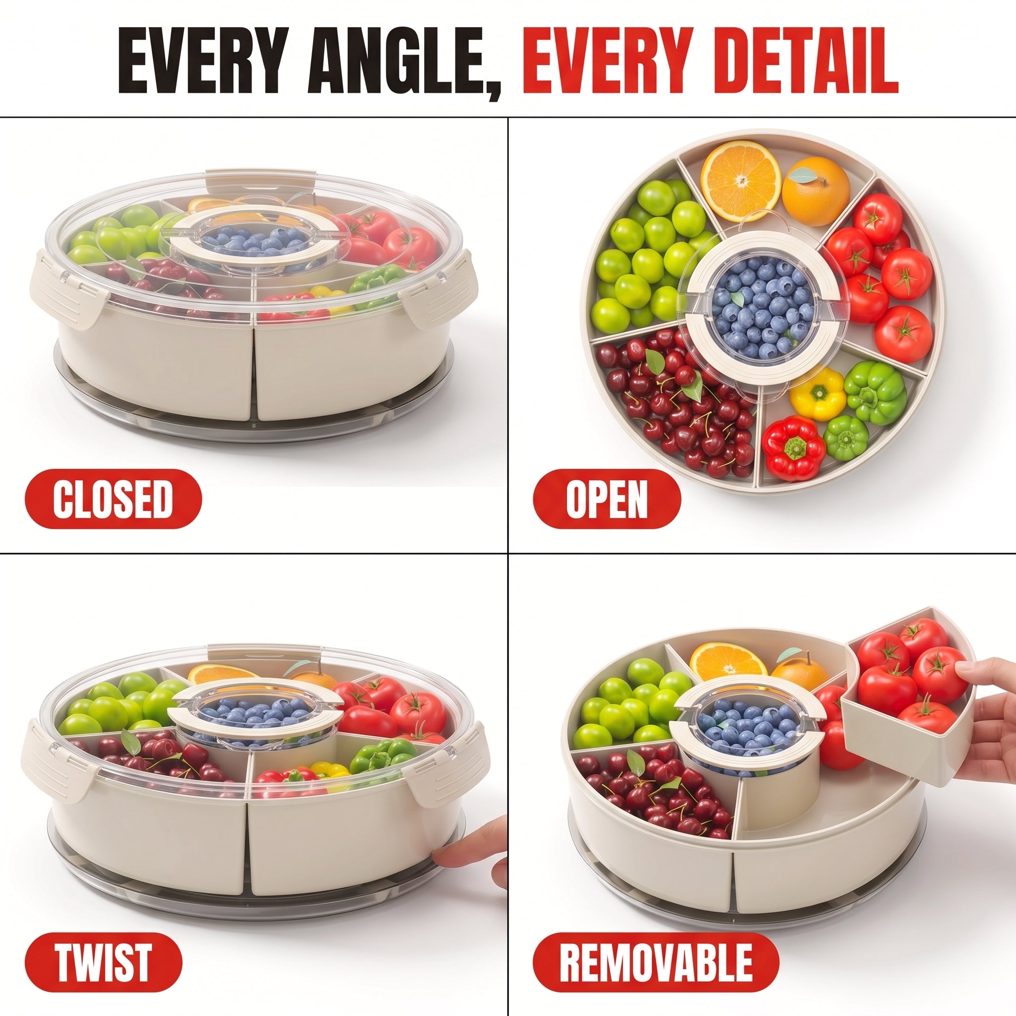 Troveze Lotus Rotating Snack Tray: Multi angle product shots on white