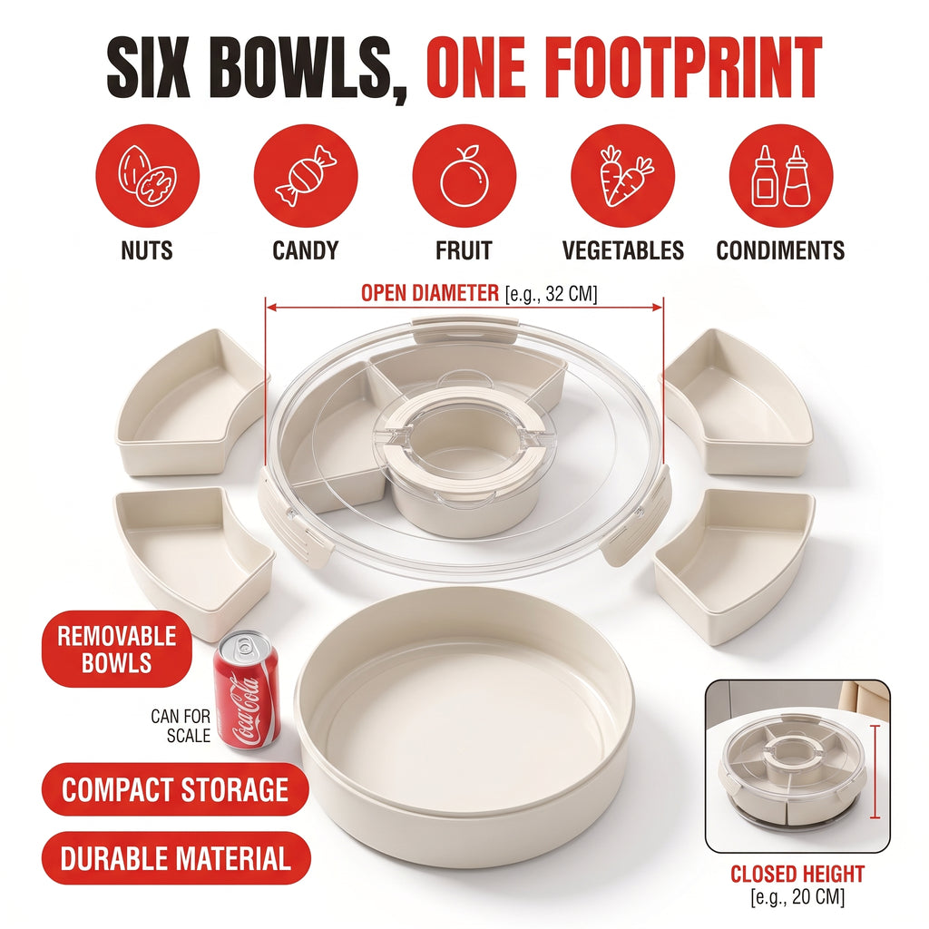 Troveze Lotus Rotating Snack Tray: Six bowls one footprint detail