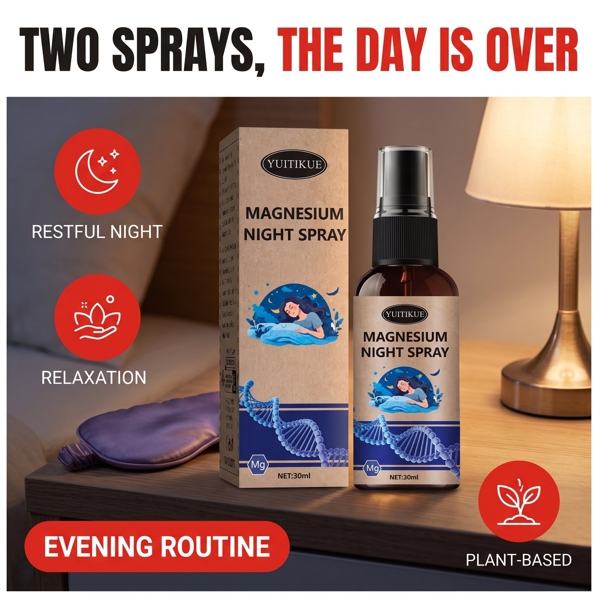 Troveze Magnesium Calming Body Spray: Hero shot bottle beside sleep mask and lamp