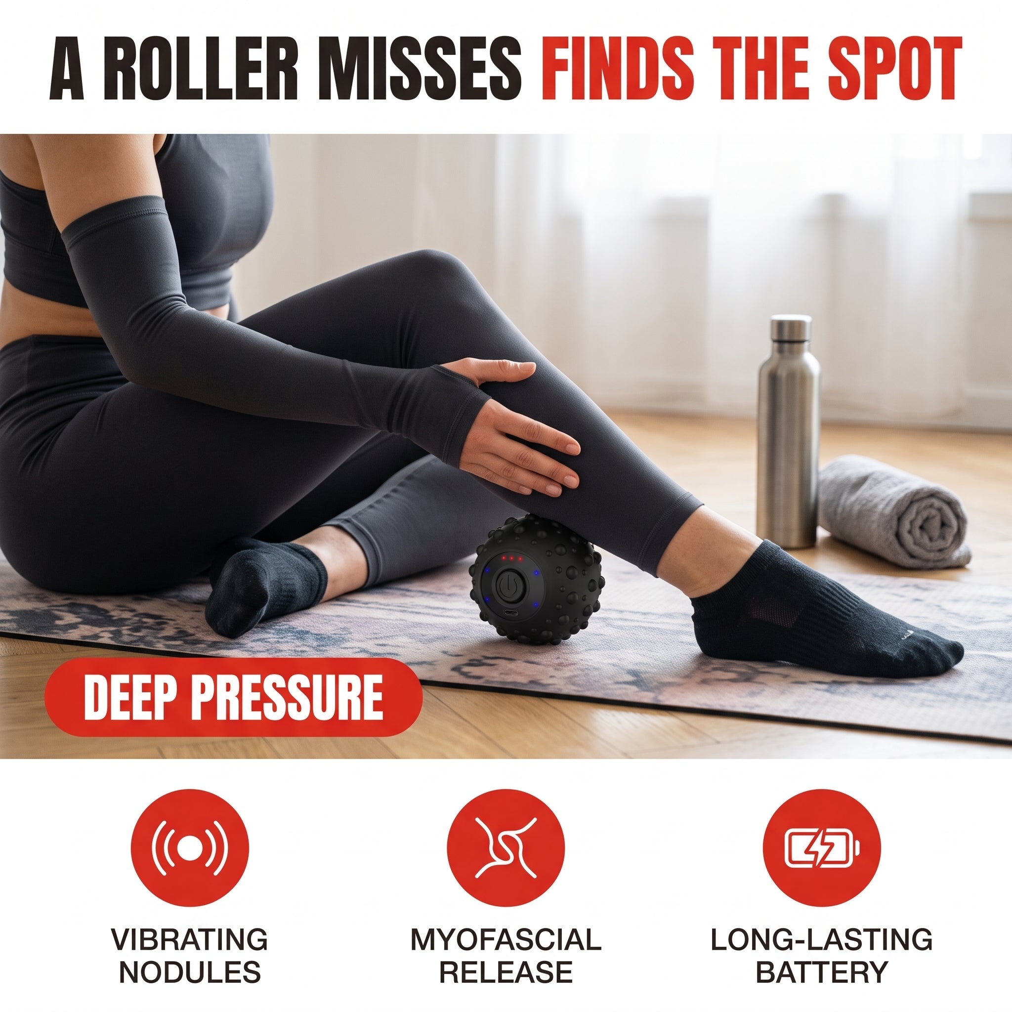 Troveze Mini Vibrating Massage Ball: Hero shot massage ball in recovery setting