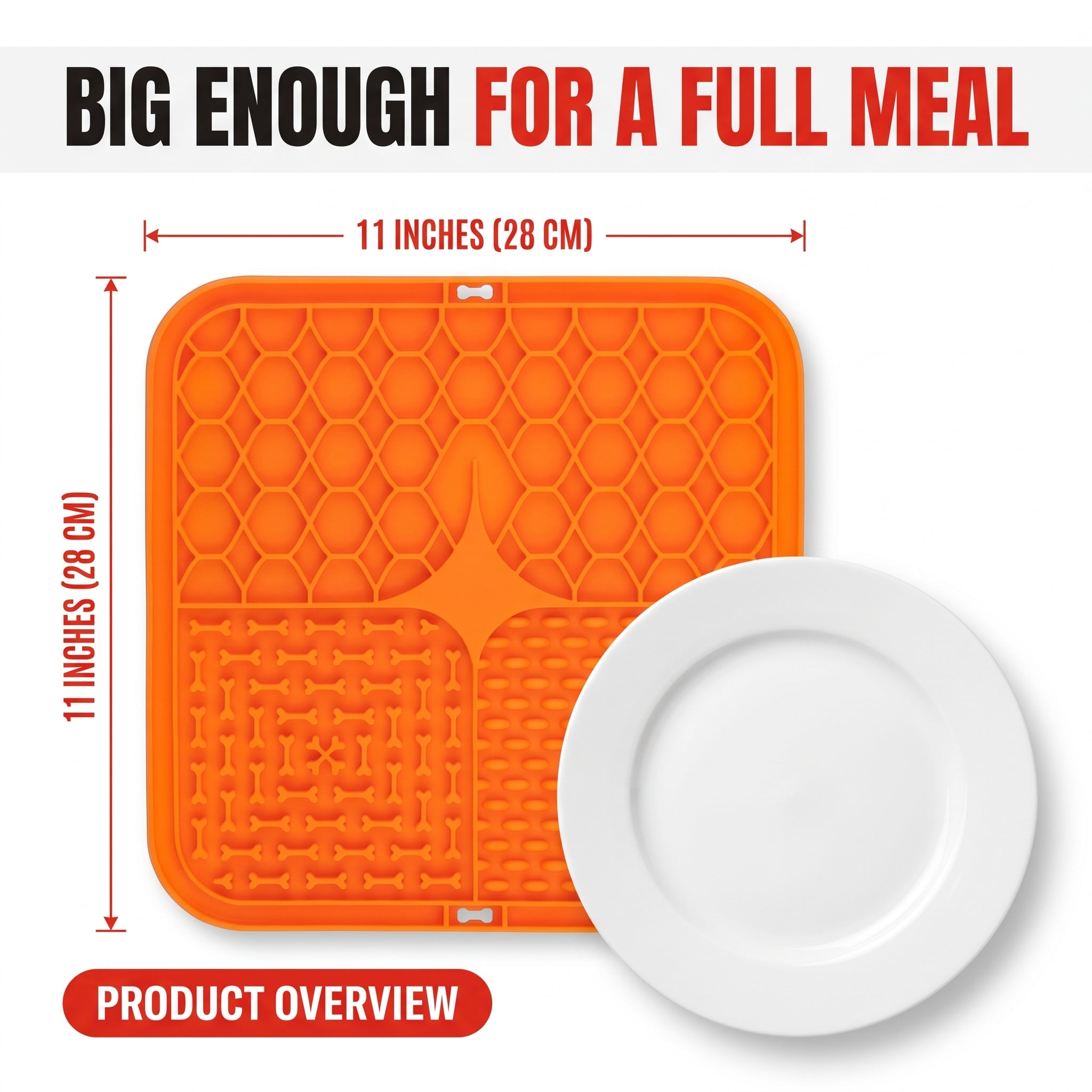 Troveze Pet Lick Mat: size overview comparing the 11 inch mat to a dinner plate
