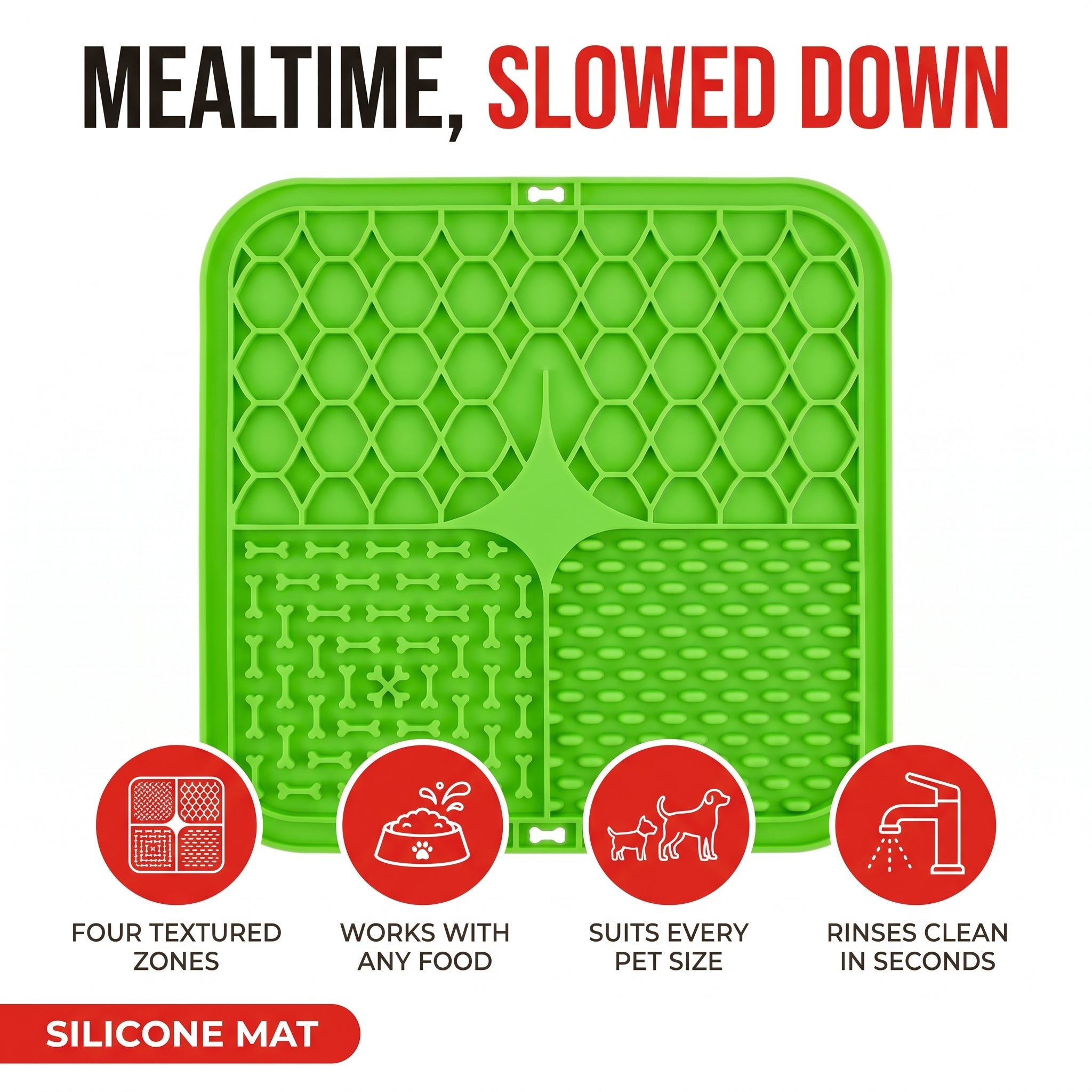 Troveze Pet Lick Mat: Mealtime slowed down feature icons