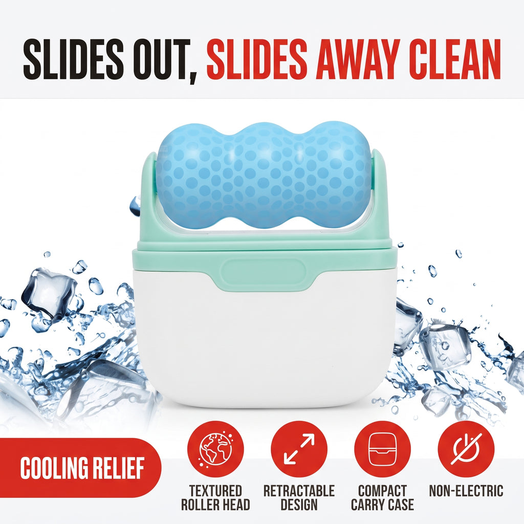 Troveze Retractable Ice Roller: feature overview showing textured roller head, retractable case and non-electric design