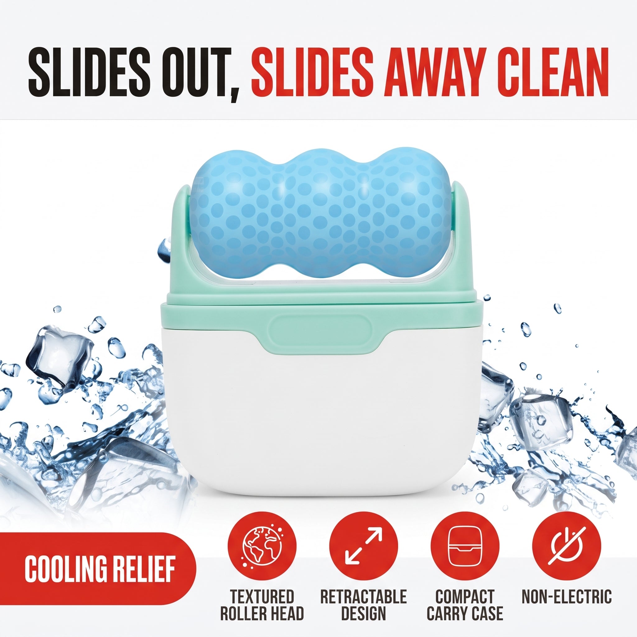 Troveze Retractable Ice Roller: feature overview showing textured roller head, retractable case and non-electric design