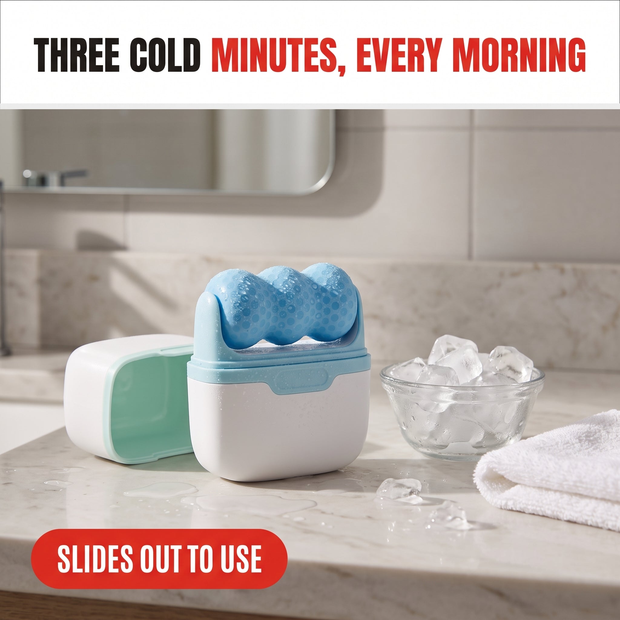 Troveze Retractable Ice Roller: mint roller on a bathroom counter in morning light