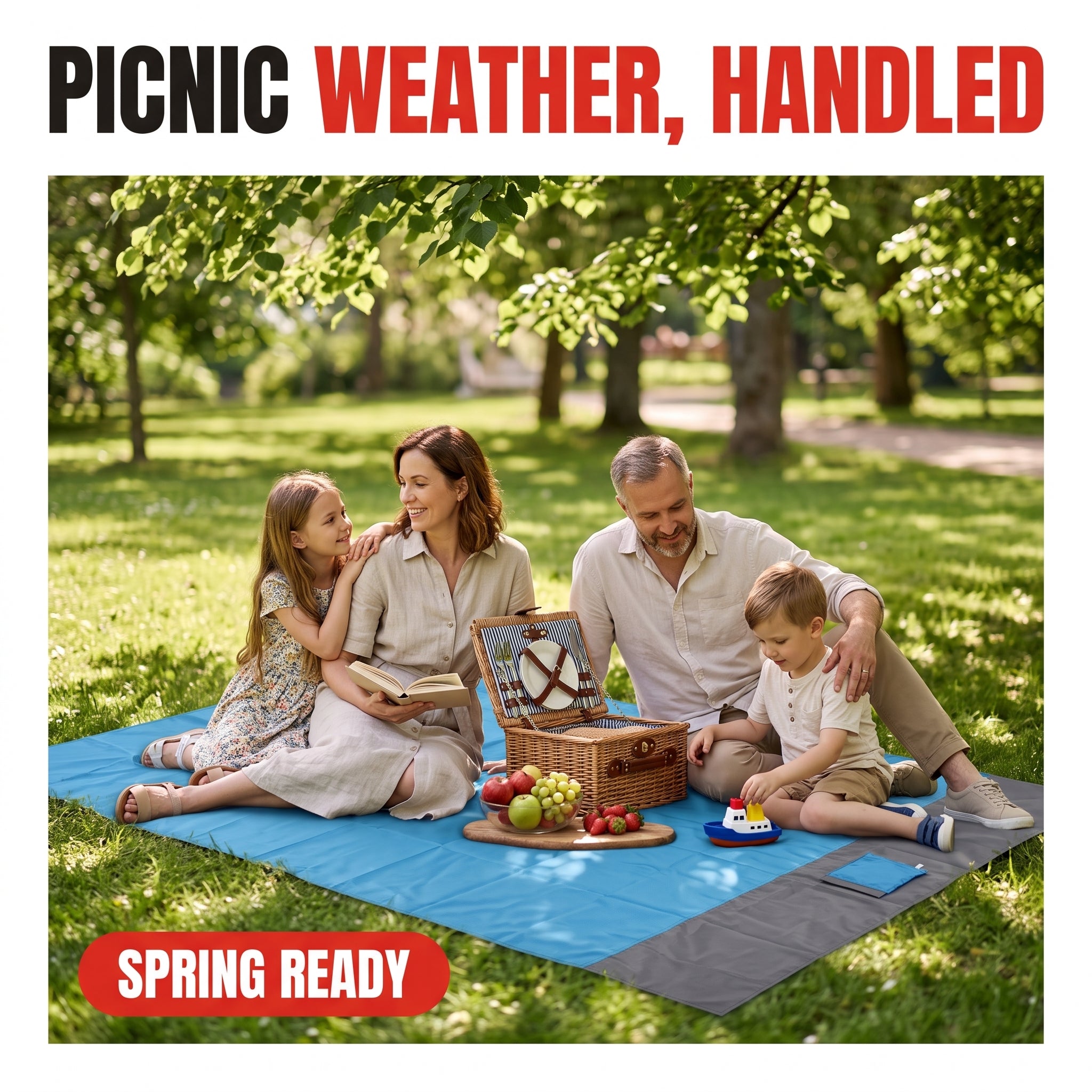 Troveze Sand-Free Beach Mat: Family picnic in sunny park on mat