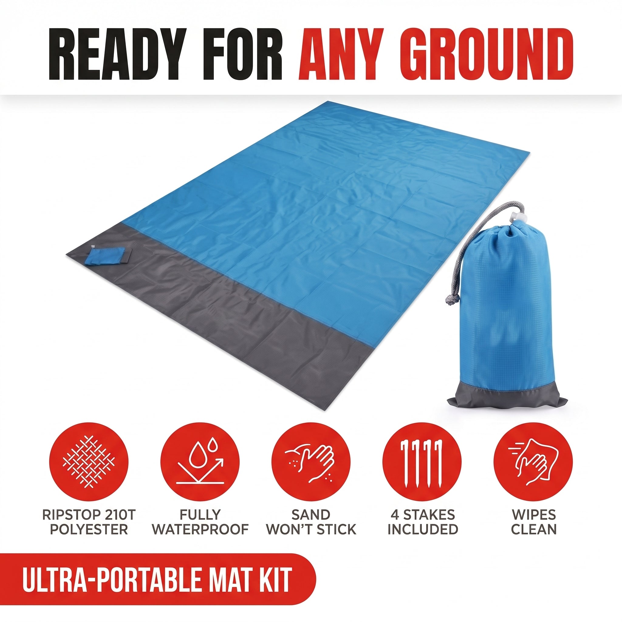 Troveze Sand-Free Beach Mat: Mat and stuff sack on white background