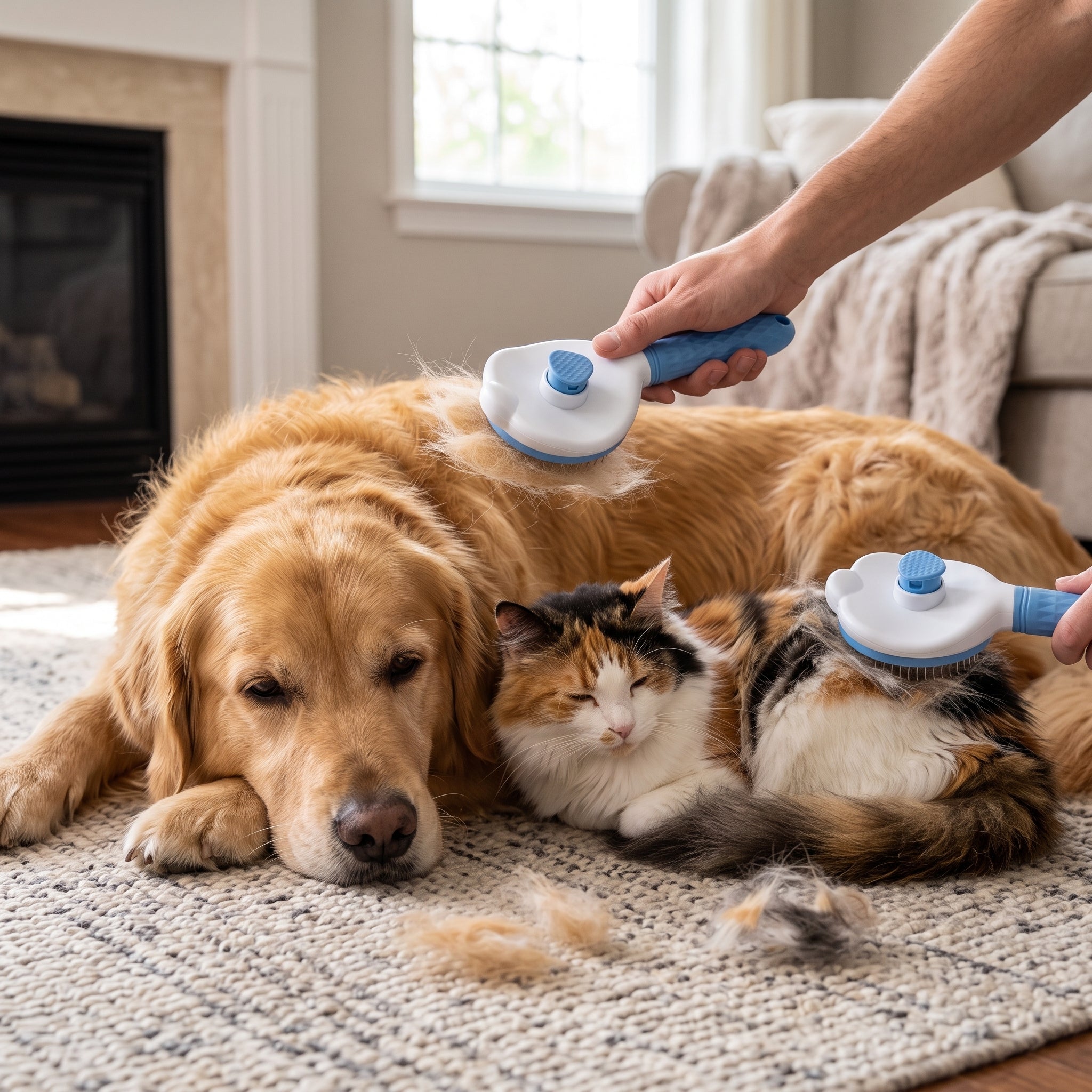 Troveze Self-Cleaning Deshedding Brush: Brush with pets on rug