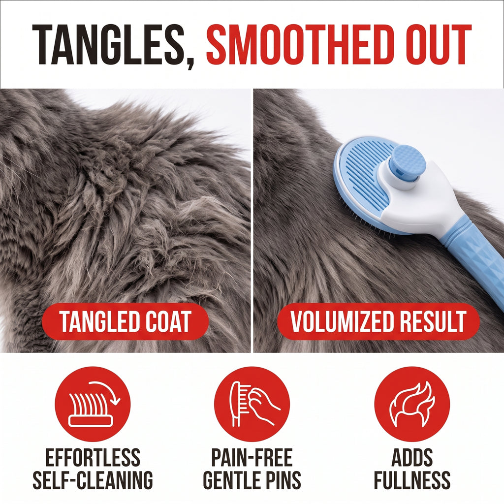 Troveze Self-Cleaning Deshedding Brush: Cat brushing before and after comparison