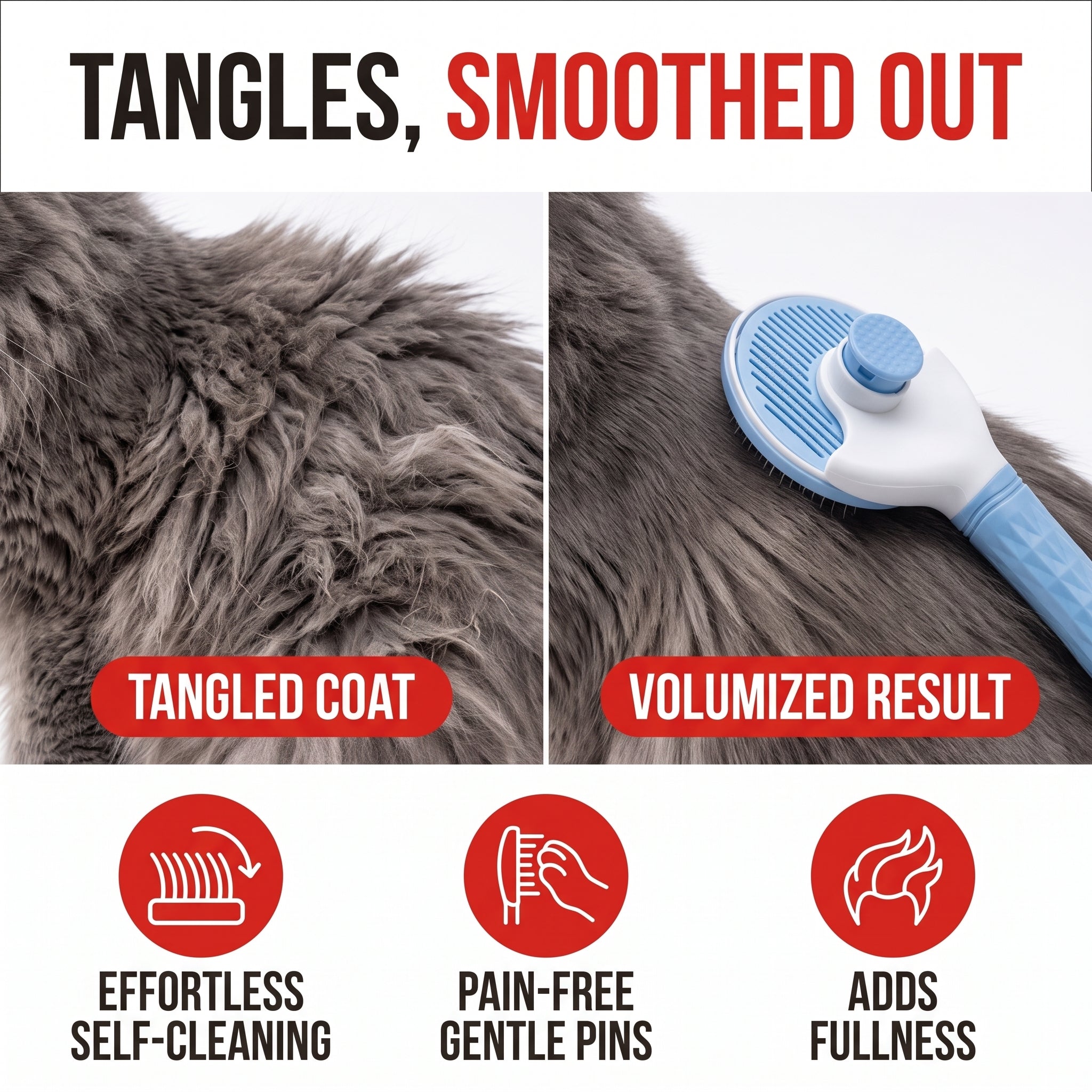 Troveze Self-Cleaning Deshedding Brush: Cat brushing before and after comparison