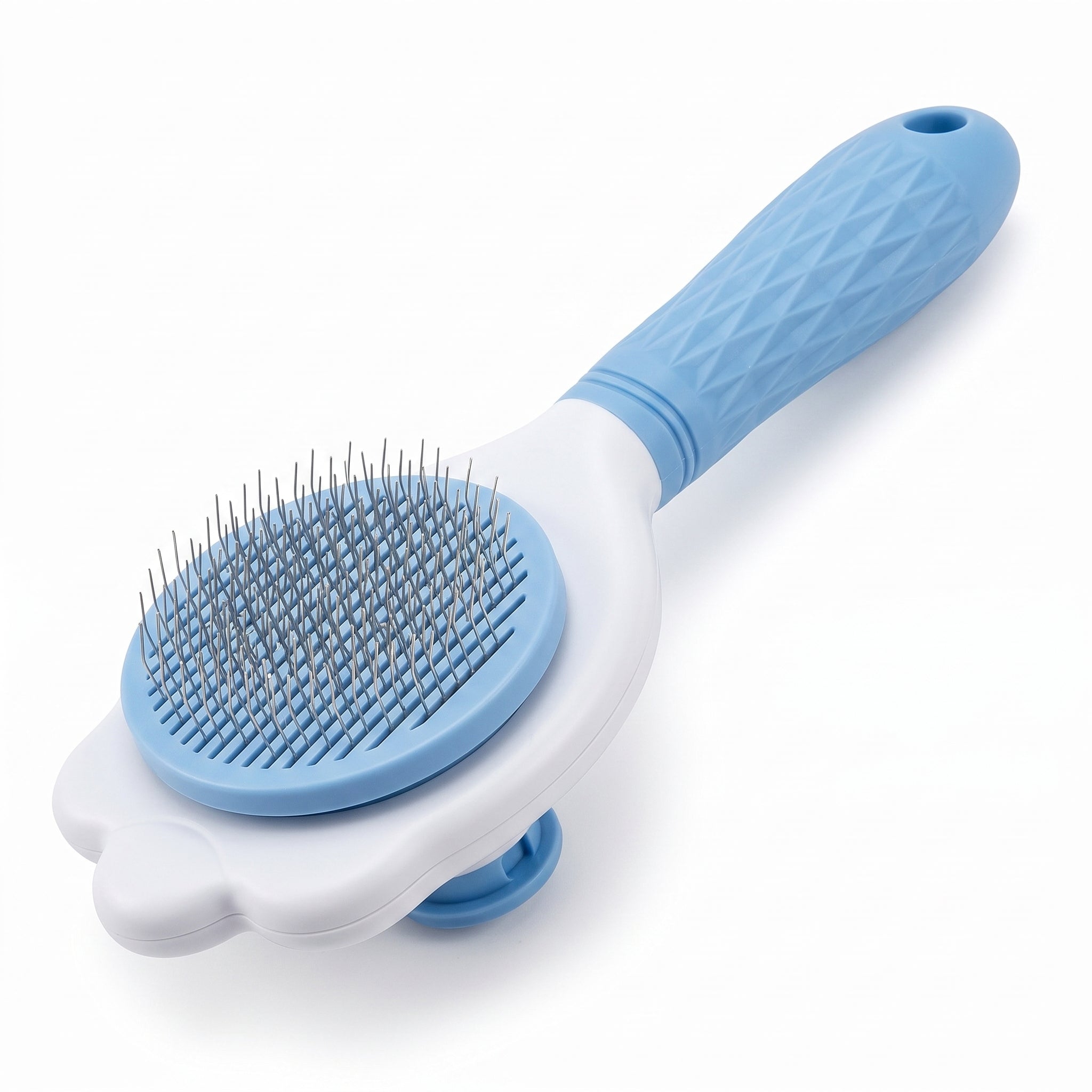 Troveze Self-Cleaning Deshedding Brush: Diamond textured handle alternate angle