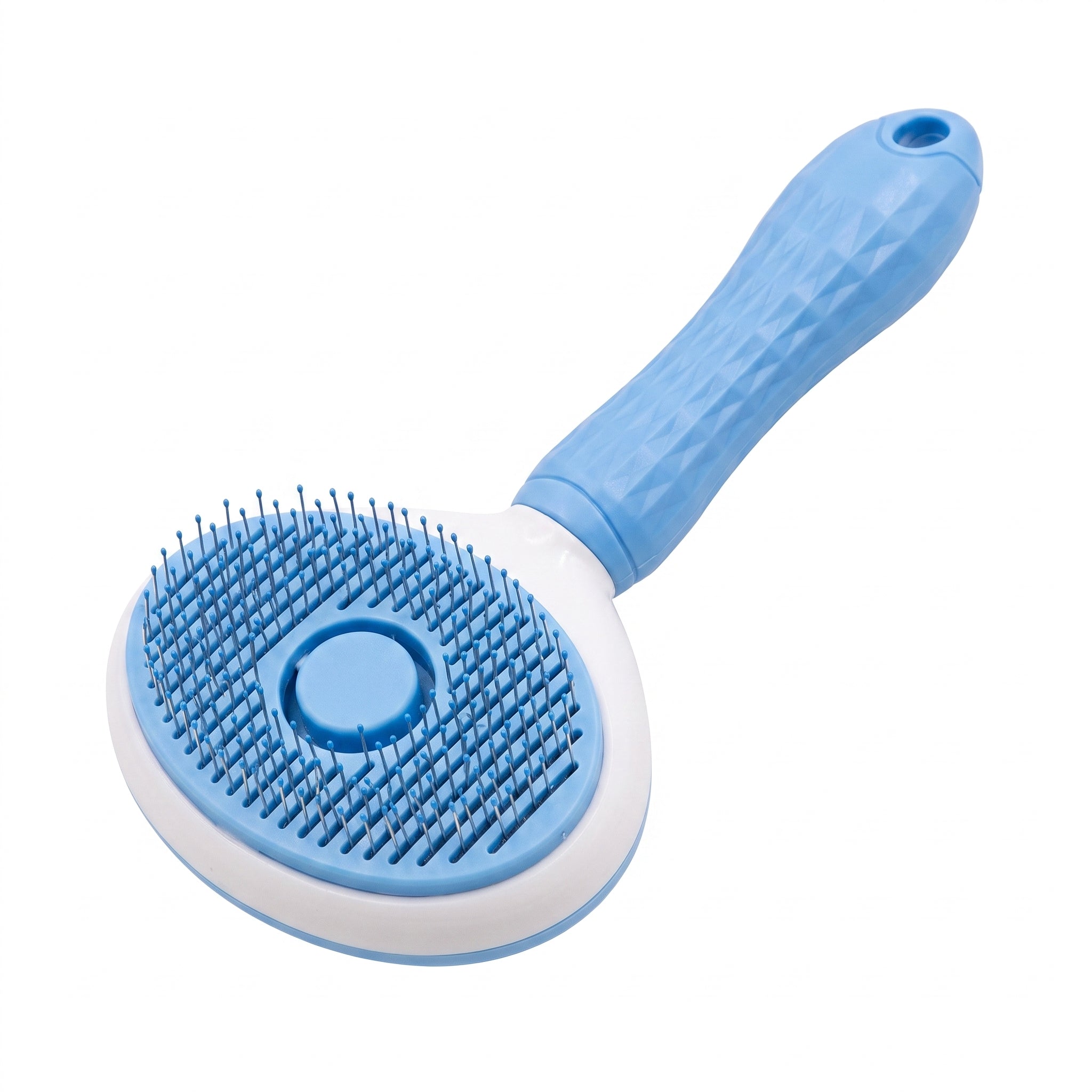 Troveze Self-Cleaning Deshedding Brush: Diamond textured handle close up