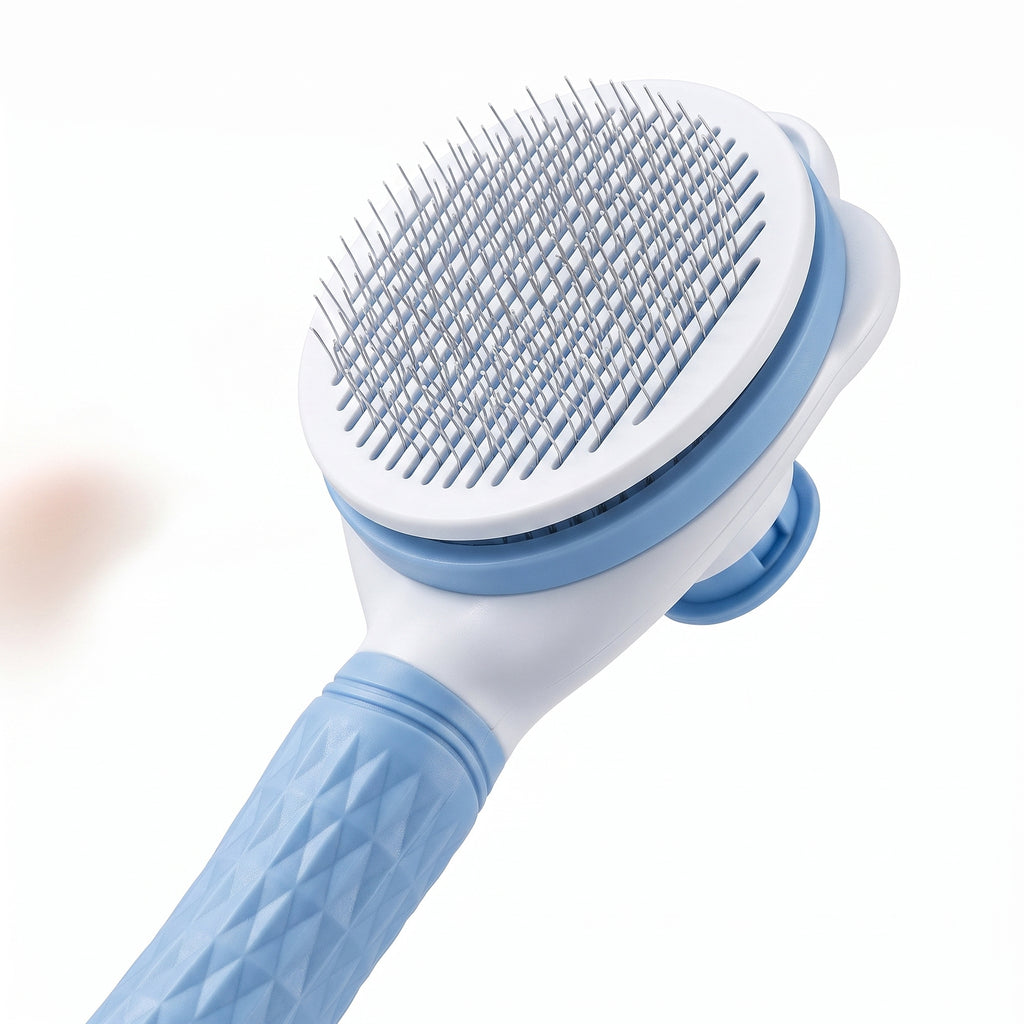 Troveze Self-Cleaning Deshedding Brush: Diamond textured handle detail