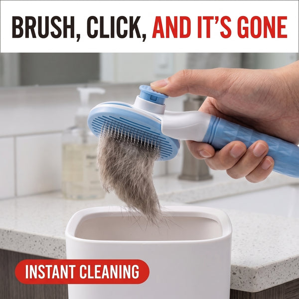 Troveze Self-Cleaning Deshedding Brush: Hero shot hand pressing retract button to clean