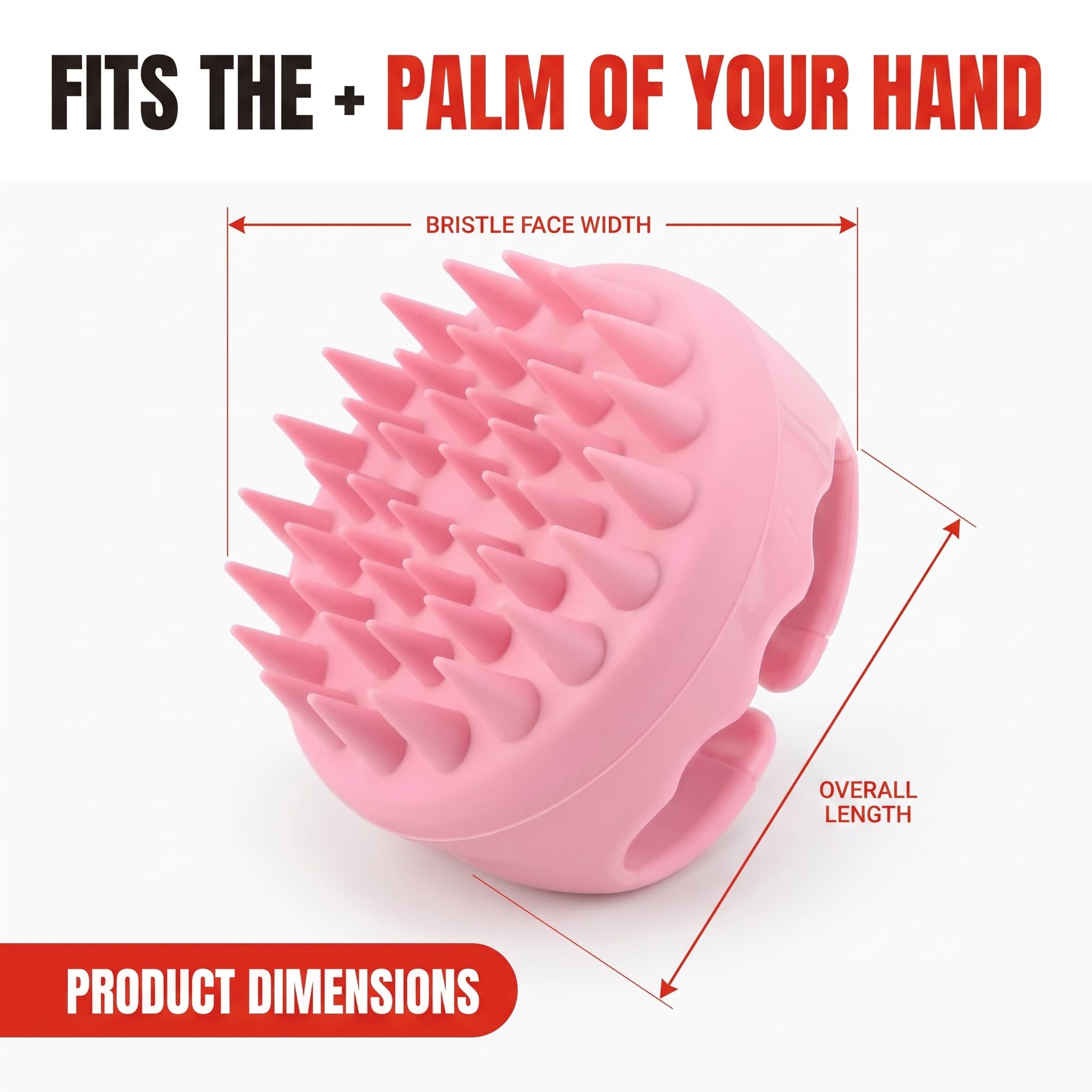 Troveze Silicone Scalp-Massager Shampoo Brush: pink brush shown with palm-size dimensions