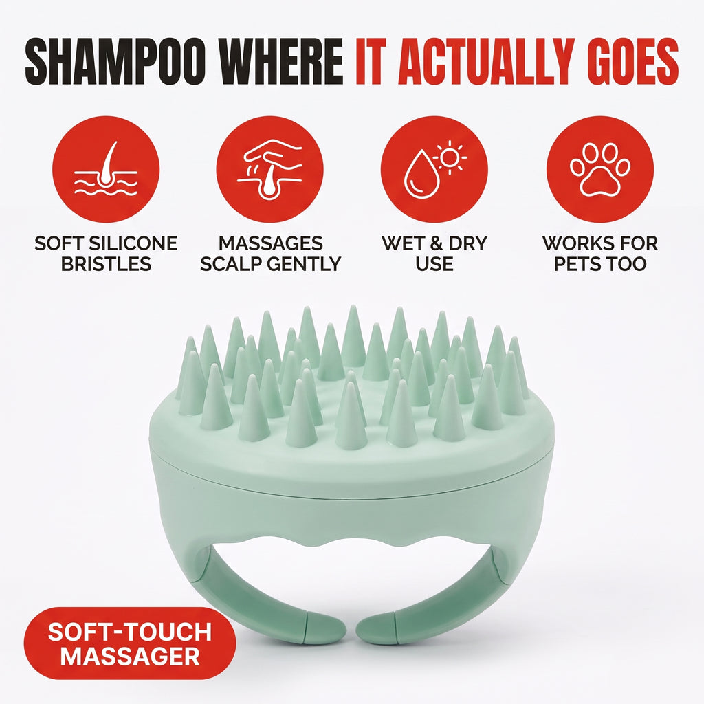 Troveze Silicone Scalp-Massager Shampoo Brush: Feature icons infographic