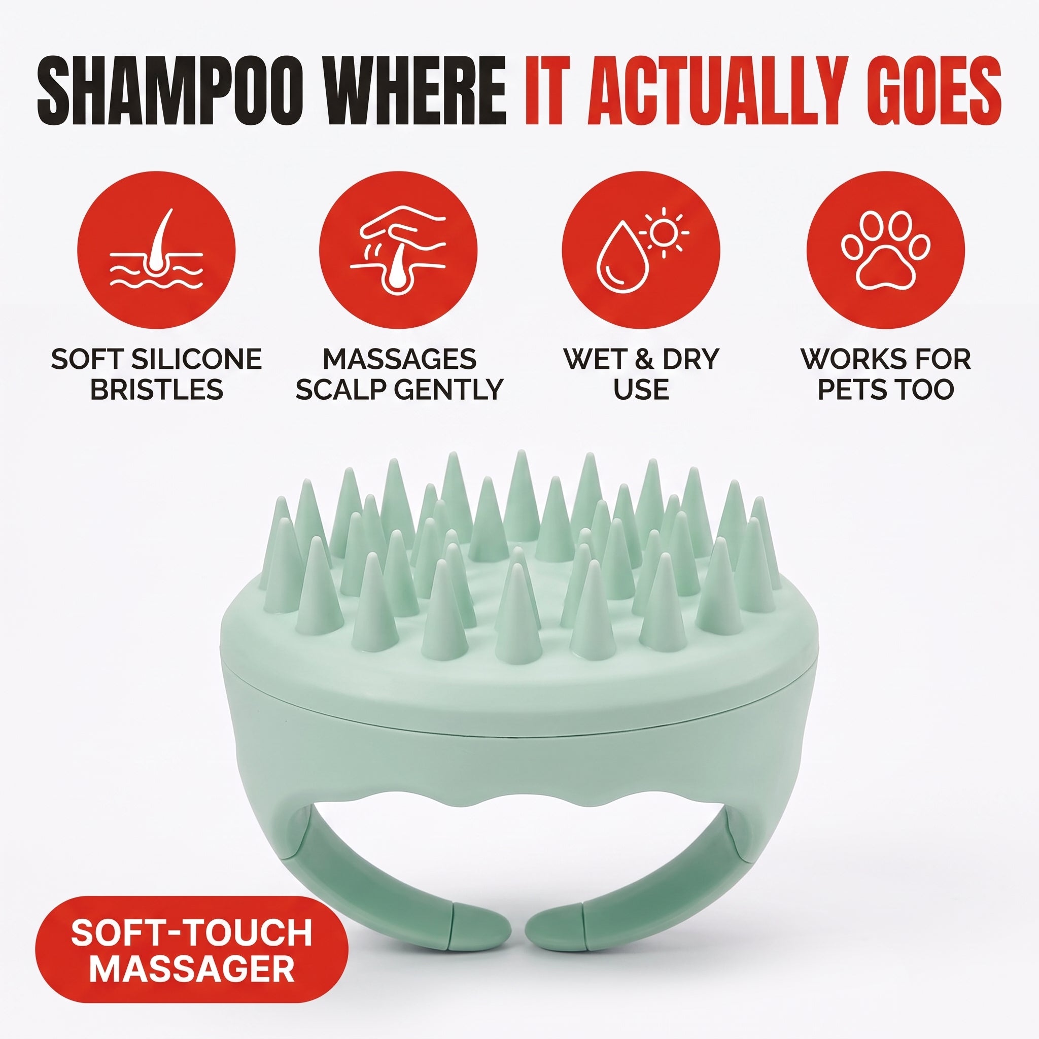 Troveze Silicone Scalp-Massager Shampoo Brush: Feature icons infographic