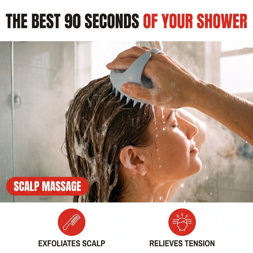 Troveze Silicone Scalp-Massager Shampoo Brush: Hero shot scalp massage in shower