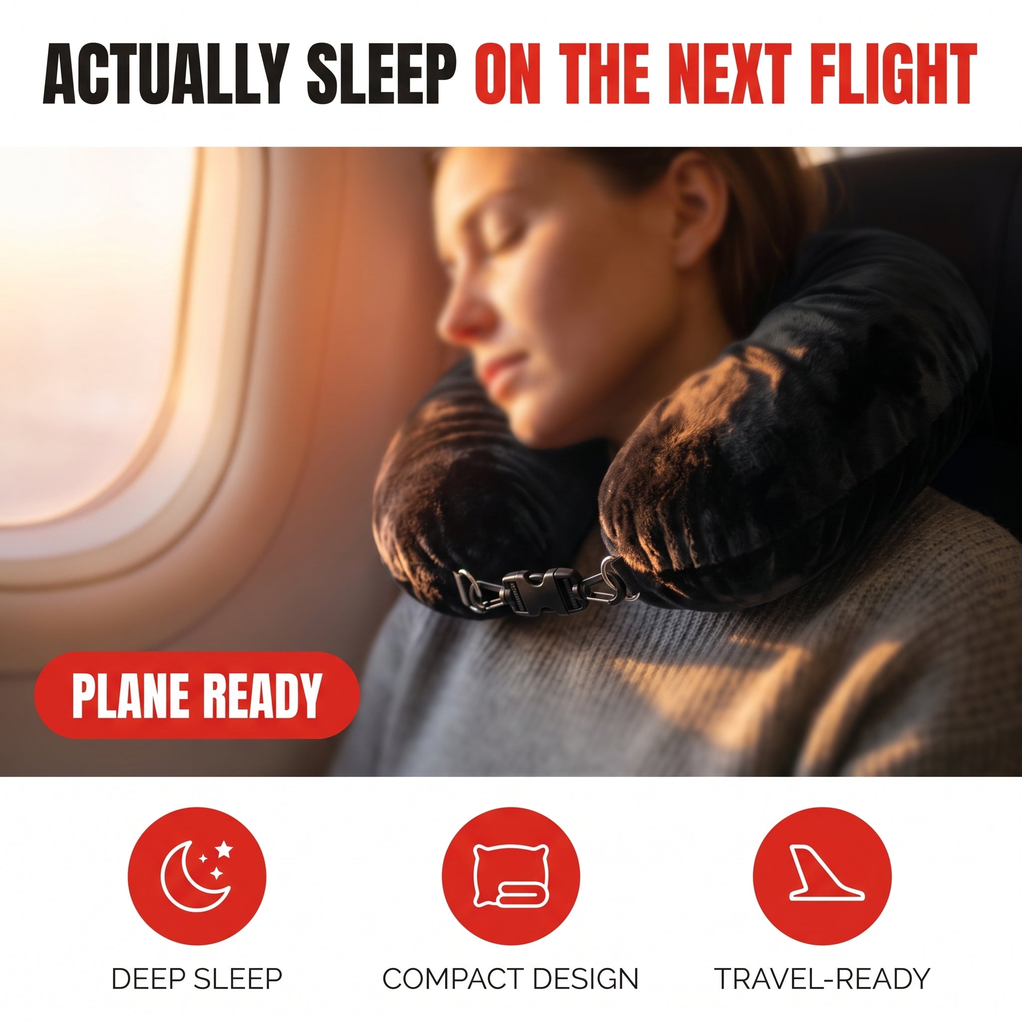 Troveze Stuffable Travel Pillow: Traveler asleep on plane using pillow